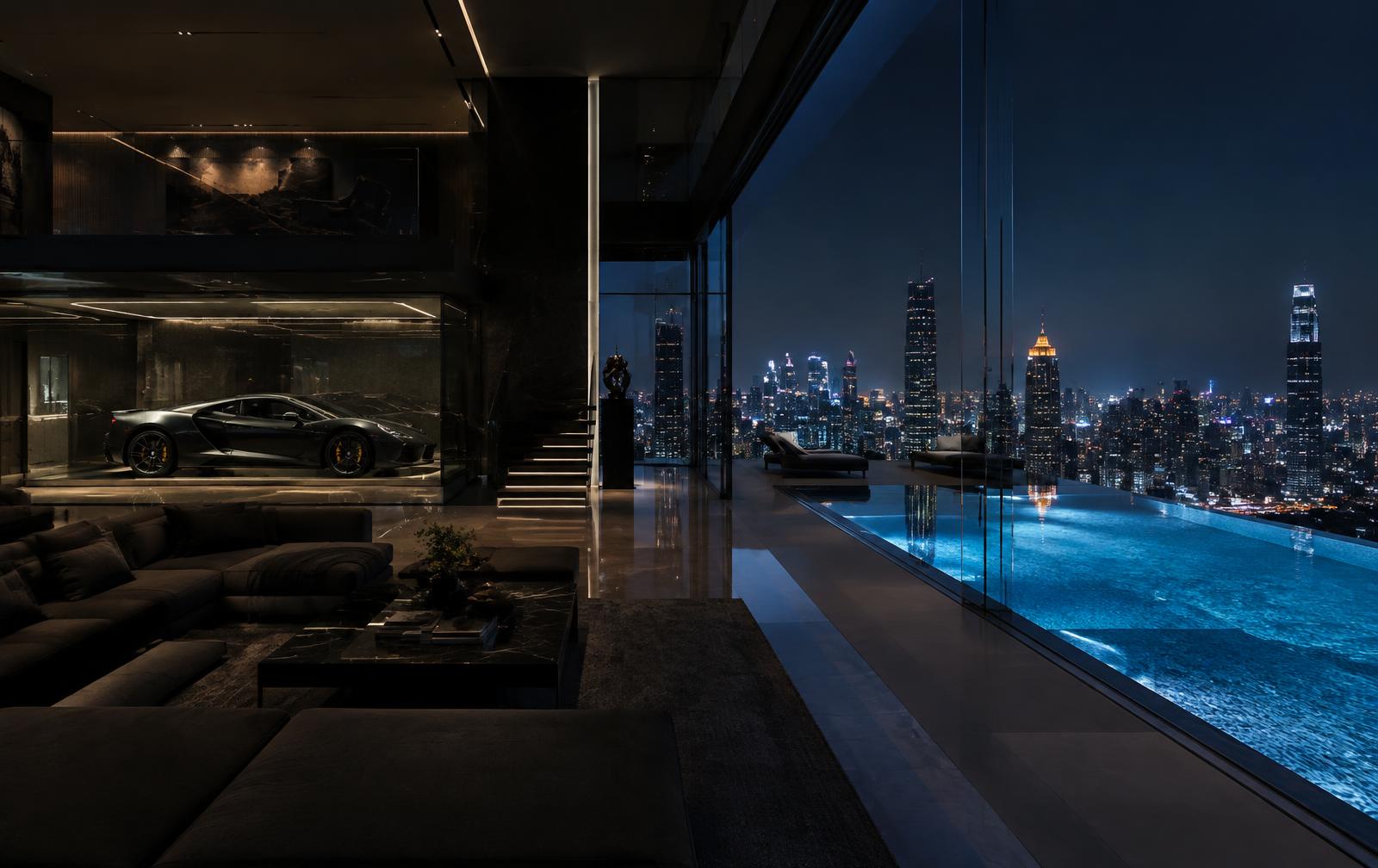Sky villa interior with private pool and car gallery